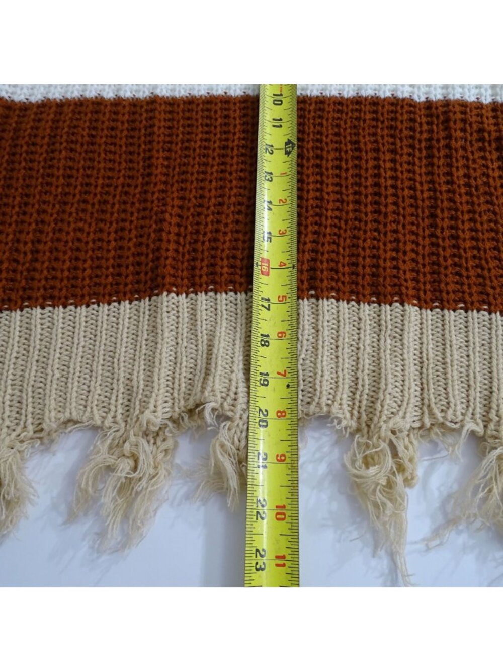 Runway 7 Striped Knit Sweater Brown Tan Frayed Hem V-Neck Women Size M Acrylic - Picture 9 of 10